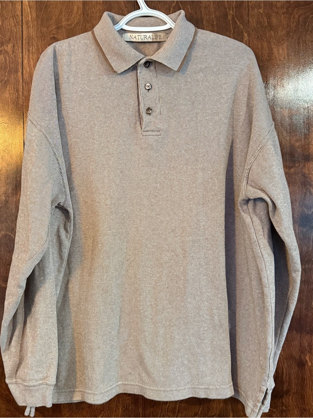 Naturalife Men’s XL Taupe Long Sleeve Cotton Polo Shirt Textured Casual